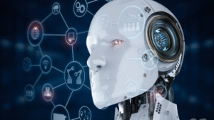 AI robot head with digital connections and icons representing technology and business solutions, reflecting the future of small businesses and IT innovations.