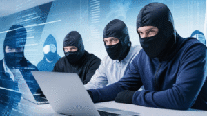 Group of masked individuals engaged in cyber activities on laptops, representing cybersecurity threats to small businesses.
