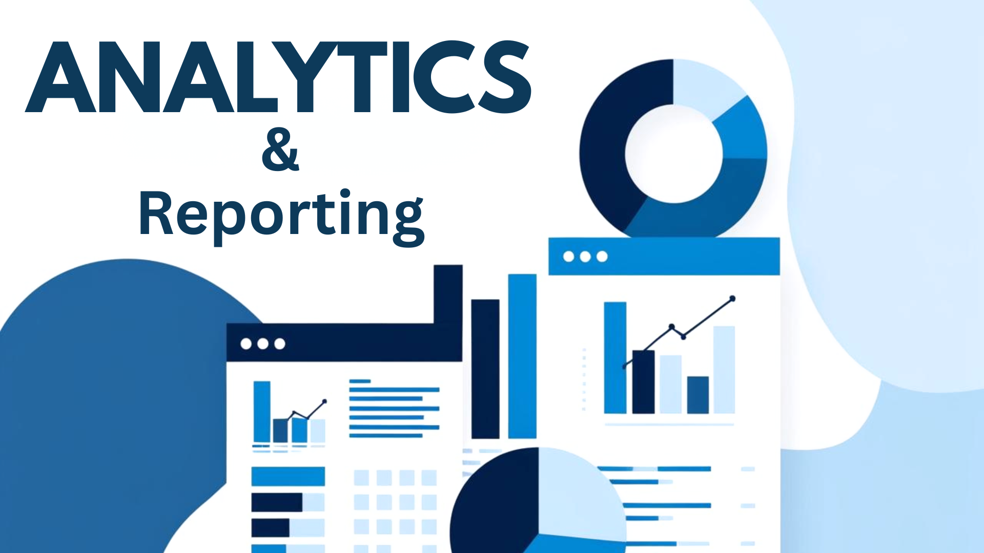 Analytics and Reporting graphic showcasing data visualization elements, including charts and graphs, emphasizing marketing performance insights for businesses.