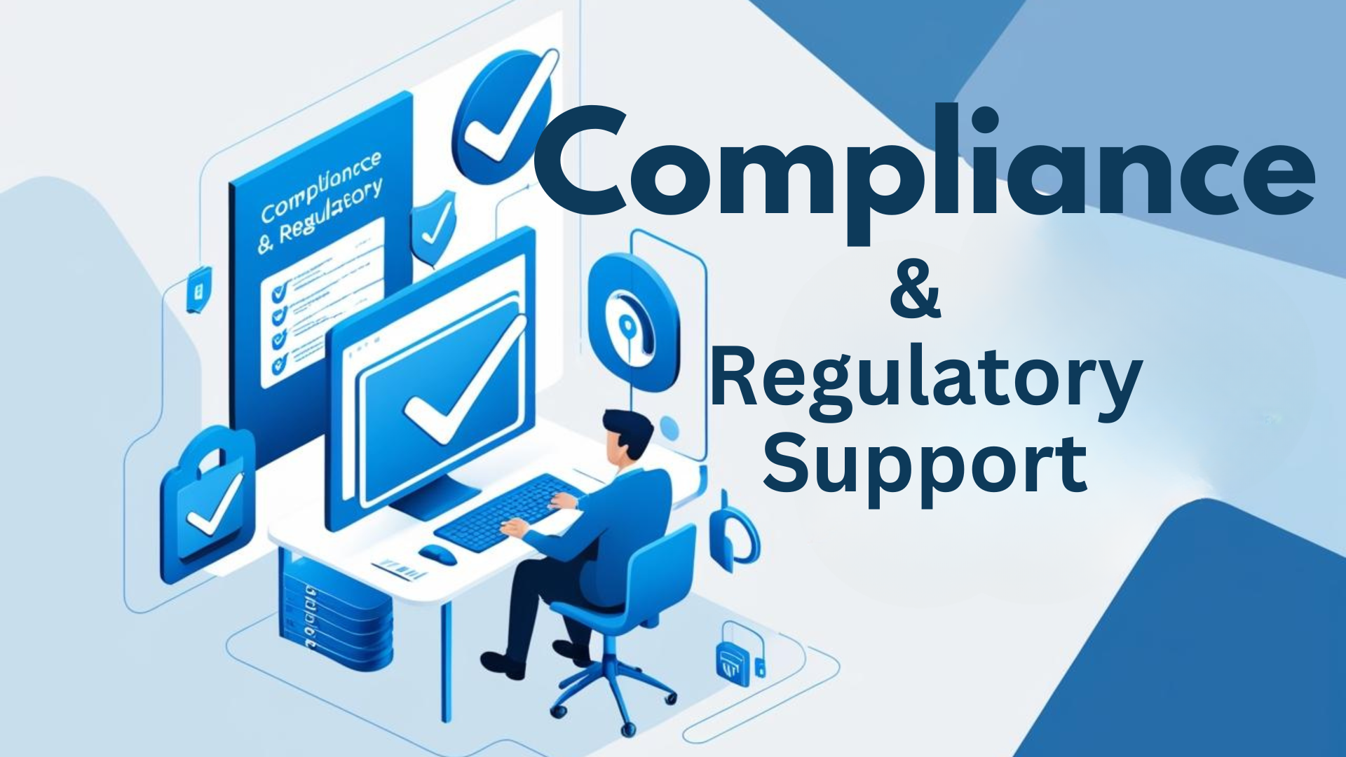 Compliance and regulatory support graphic featuring a person at a computer with checkmarks and security icons, emphasizing expert guidance for navigating security compliance requirements.
