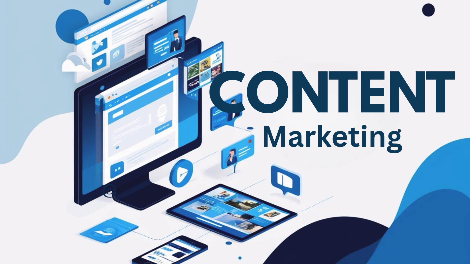Content marketing illustration featuring digital devices displaying engaging content, emphasizing strategies to attract and convert ideal customers.