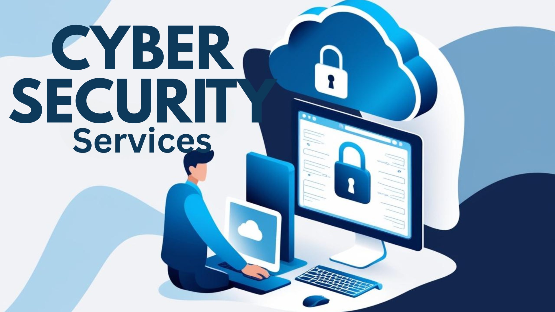 Cybersecurity services illustration featuring a person working on a computer surrounded by cloud security symbols and a padlock, emphasizing data protection and threat prevention.