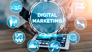 Digital marketing concept with tablet displaying analytics, surrounded by icons representing growth, strategy, and technology for small and medium-sized businesses.