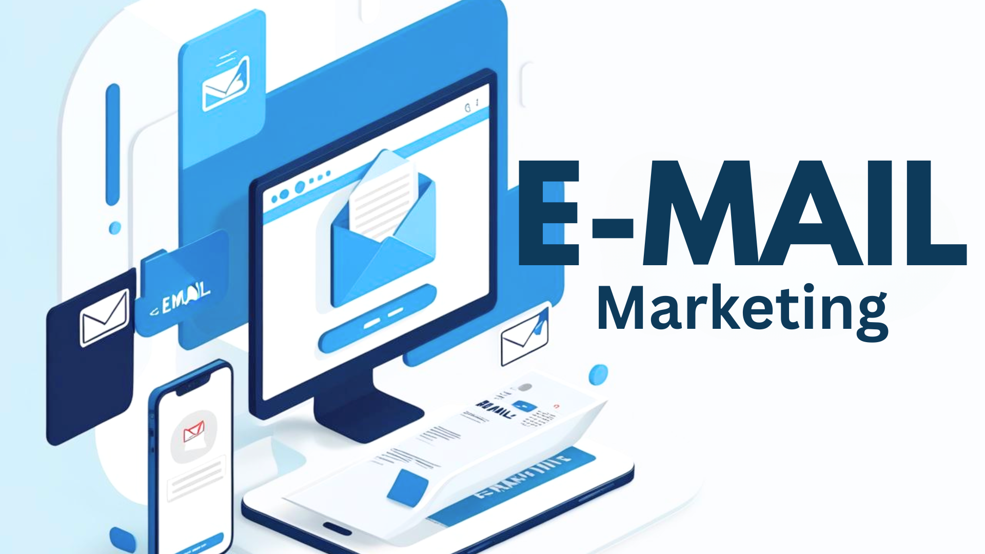 Email marketing concept with a computer and smartphone displaying email graphics, emphasizing targeted automated campaigns for nurturing leads and driving repeat business.