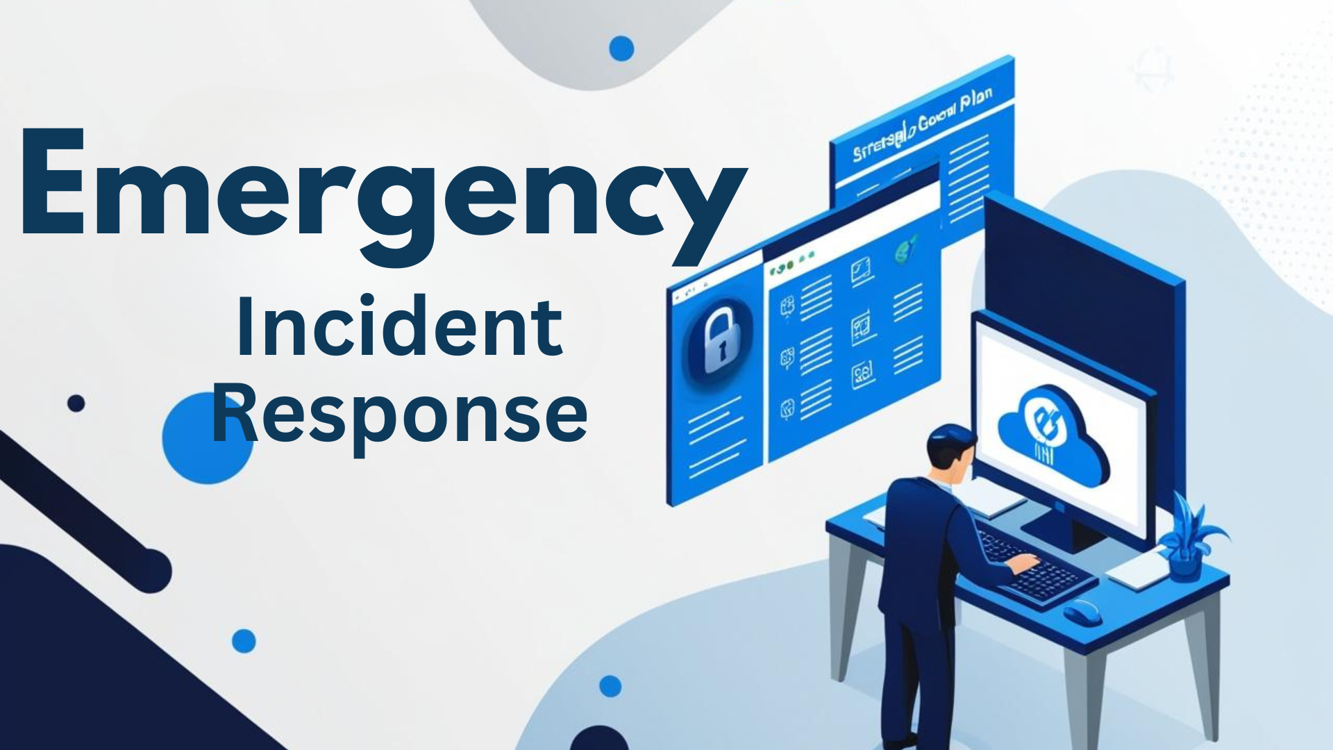 Emergency incident response graphic featuring a person at a desk with a computer, displaying cybersecurity elements and emphasizing rapid response to security breaches.