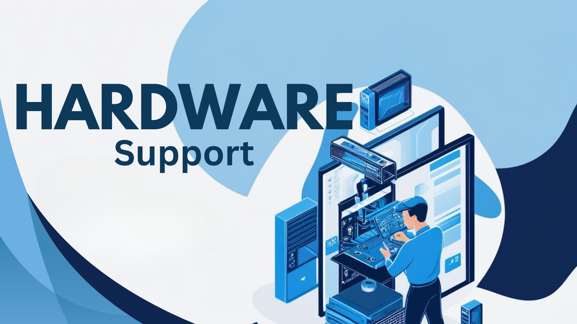 Hardware support illustration featuring a technician working on computer devices, emphasizing comprehensive business hardware support services.