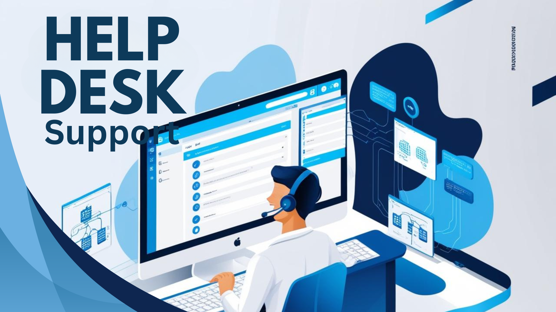 Helpdesk support graphic featuring a technician wearing a headset, using a computer to assist with technical issues, emphasizing responsive IT services for business needs.