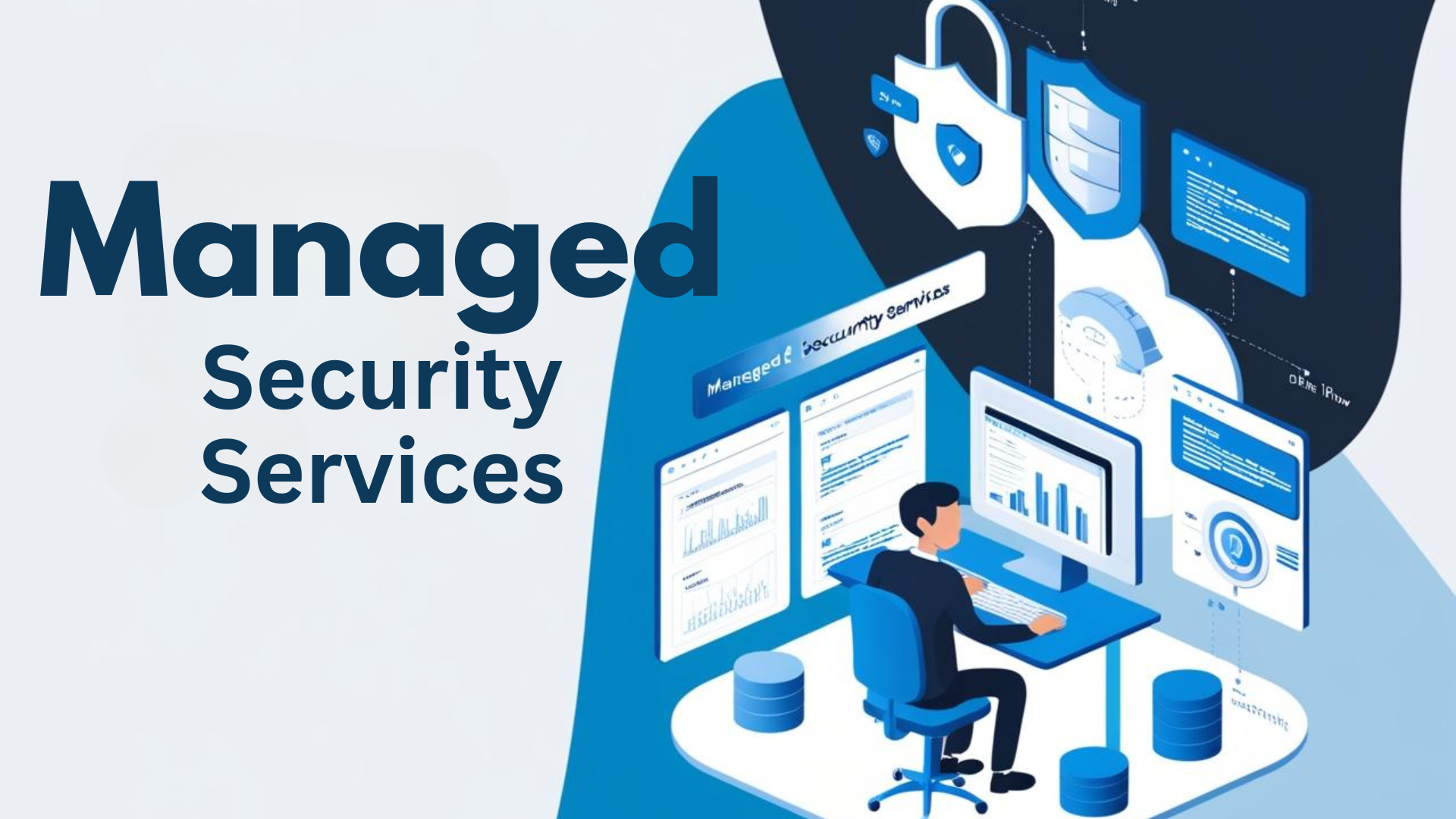 Managed security services illustration featuring a person analyzing data on a computer, surrounded by security icons and information displays, emphasizing 24/7 monitoring and threat detection.