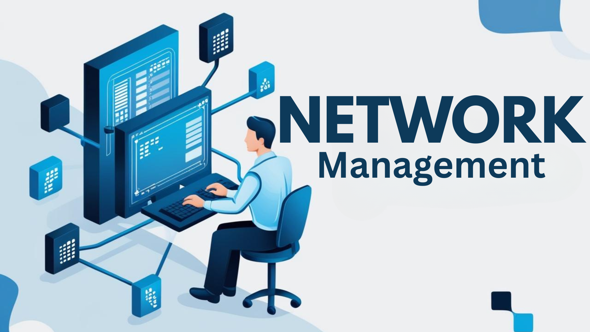 Network management illustration featuring a person working at a computer with network infrastructure elements, emphasizing comprehensive management solutions for business networks.