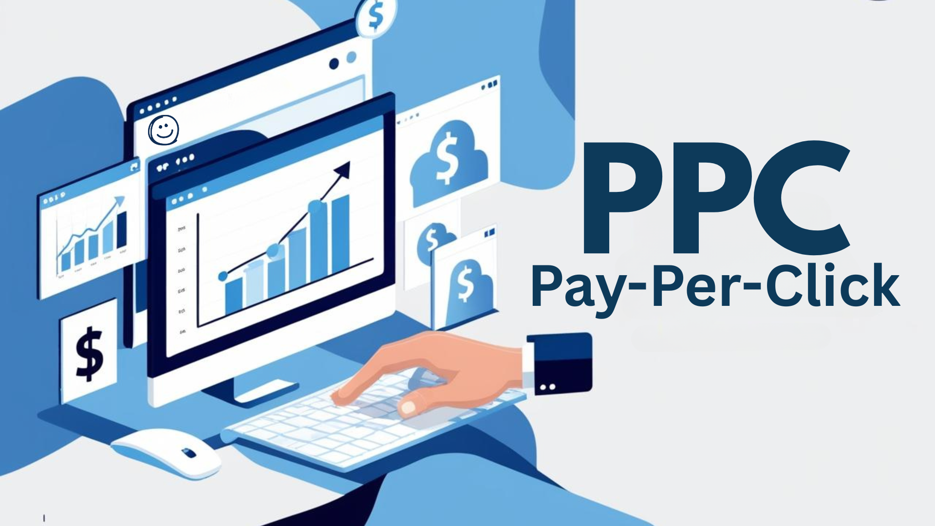 Illustration of a computer screen displaying a Pay-Per-Click (PPC) advertising graph, with a hand on a keyboard and dollar symbols, emphasizing digital marketing strategies for business growth.