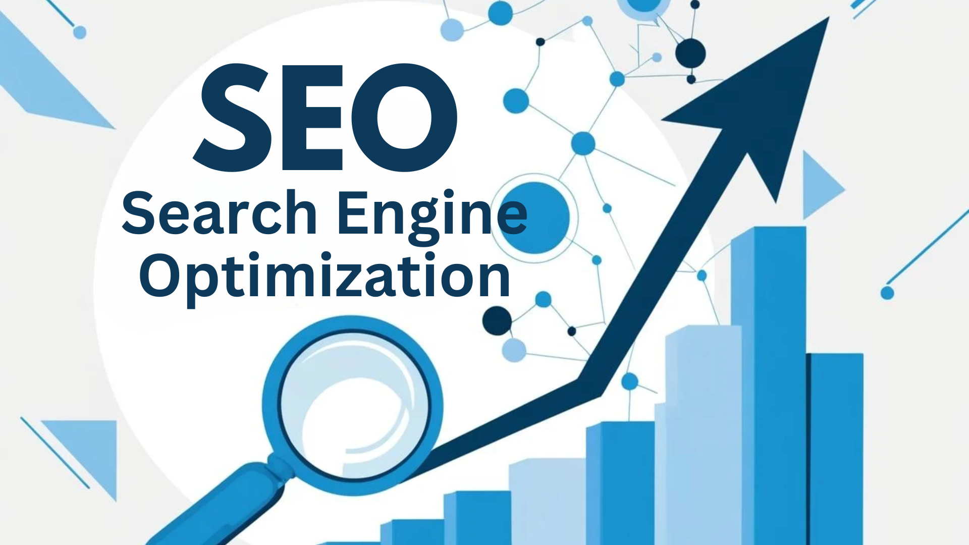 SEO and Search Engine Optimization graphic with upward trend arrow, magnifying glass, and blue data visualization elements, illustrating digital marketing strategies for business growth.