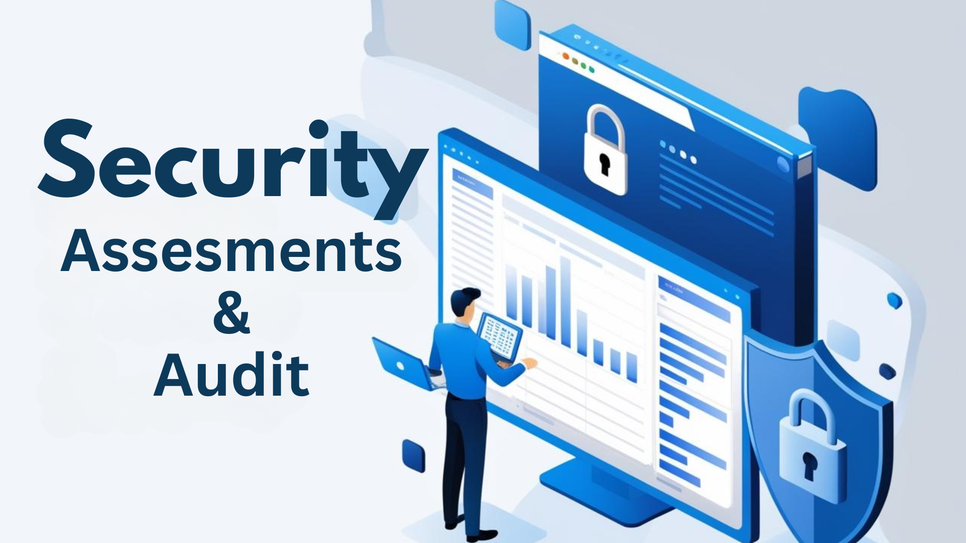 Security assessments and audit graphic featuring a person analyzing data on a digital screen with security icons, emphasizing cybersecurity evaluation and vulnerability identification.
