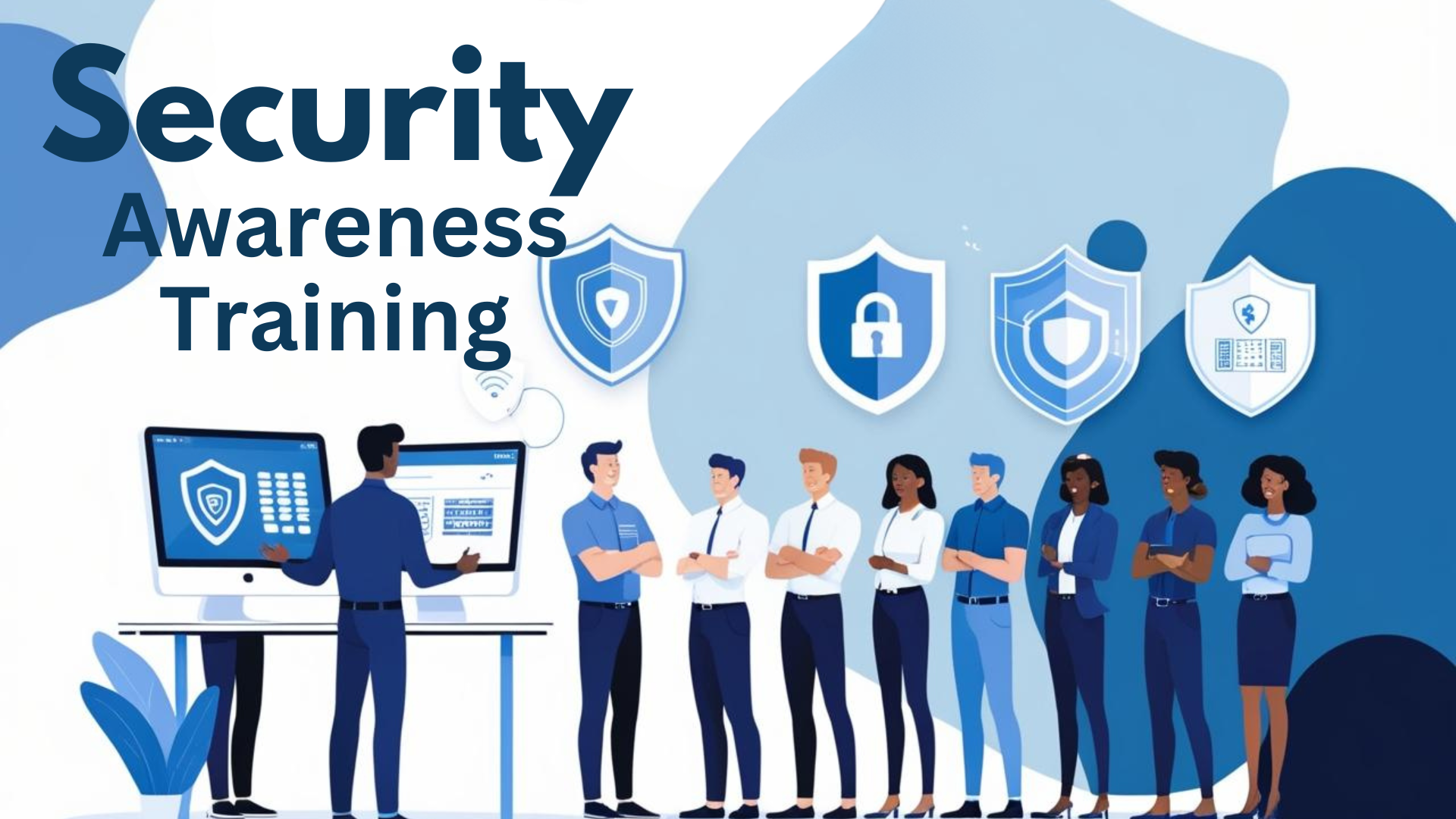 Security Awareness Training illustration featuring a diverse group of employees engaging with a computer displaying security protocols and protective shields, emphasizing employee empowerment against cyber threats.