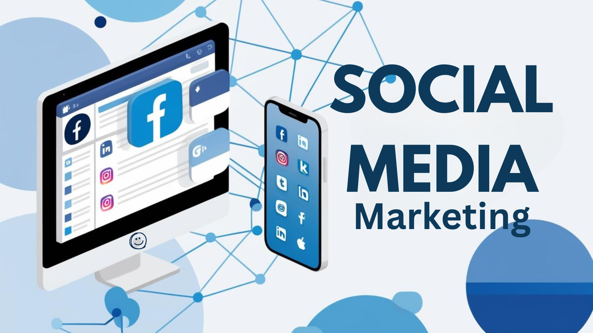 Social media marketing illustration featuring a computer and smartphone displaying various social media icons, emphasizing brand awareness and engagement strategies.