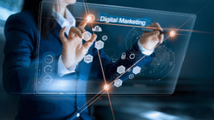 Business professional interacting with a digital interface displaying "Digital Marketing" and various data icons, emphasizing the role of digital marketing in e-commerce success.