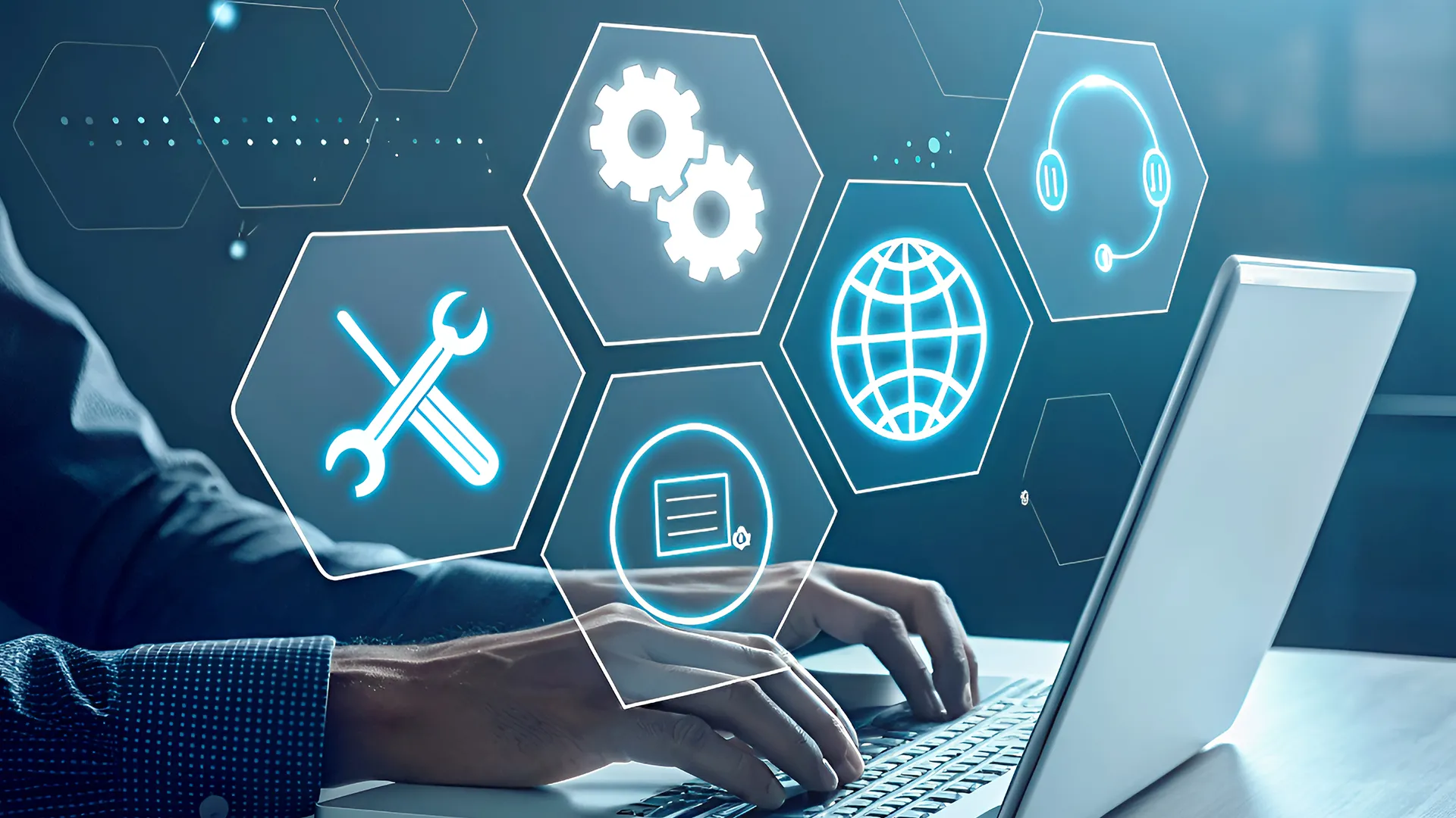 Hands typing on a laptop with digital icons representing IT services, including tools, gears, a globe, and customer support, emphasizing technology solutions and system optimization.