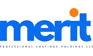 Logo of Merit Professional Coatings Holdings LLC, featuring bold blue lettering with an orange dot, representing a brand focused on professional coatings and related services.