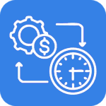 Icon representing efficiency, featuring a gear, dollar sign, and clock, symbolizing optimized performance and resource management in technology and marketing services.