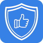 Blue shield icon with a thumbs-up symbol, representing reliability and client-focused service in technology and digital marketing solutions.