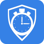 Icon representing cybersecurity with a stopwatch and shield, symbolizing timely threat detection and response for small and mid-size organizations.