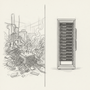 Illustration contrasting chaotic server room with tangled wires and clutter on the left, and organized server rack on the right, symbolizing effective IT solutions for SMB growth.