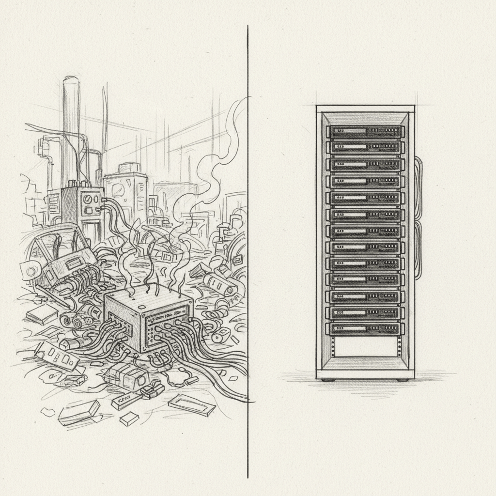 Illustration contrasting chaotic, cluttered IT environment with tangled wires and smoke on the left and a neat, organized server rack on the right, symbolizing the transition from reactive to strategic IT solutions for SMB growth.