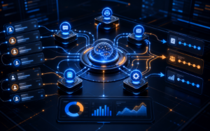 AI automation workflow illustration showing business systems, customer communication, analytics, and operational tasks connected through AI
