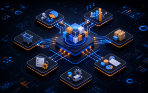 Connected ERP business systems illustration showing CRM, inventory, operations, reporting, and accounting workflows linked together