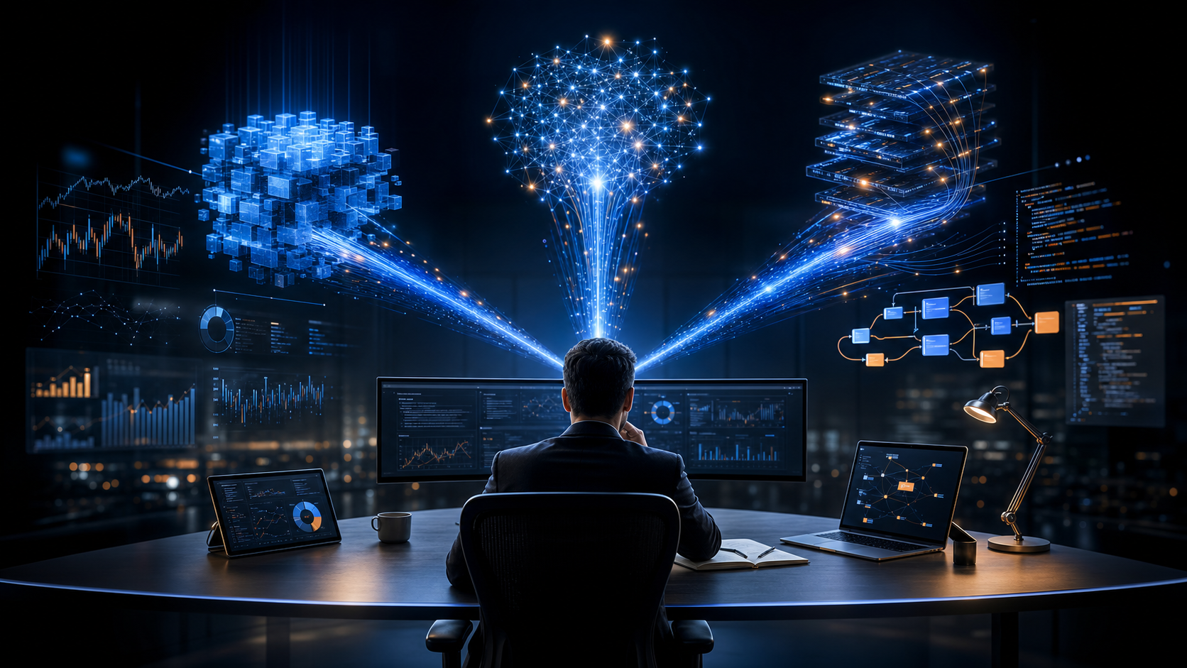 Business leader comparing three AI systems for finance, software coding, workflow automation, and business decision-making with human oversight
